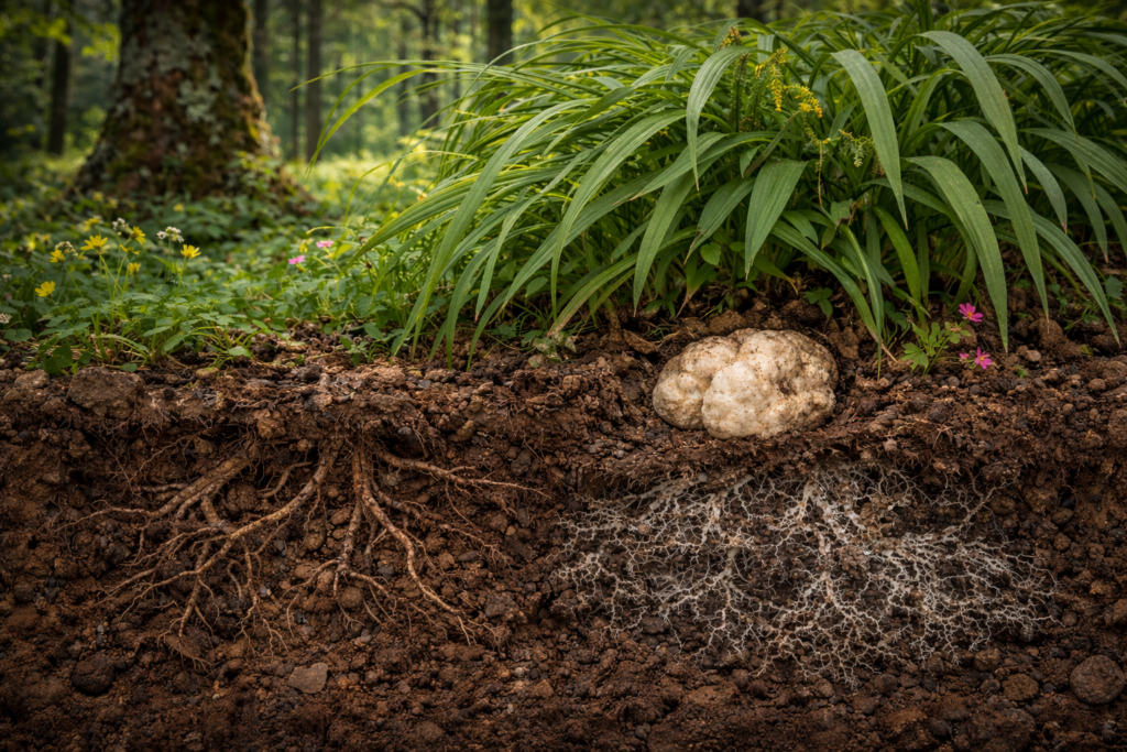 truffe blanche sous la mousse forestière